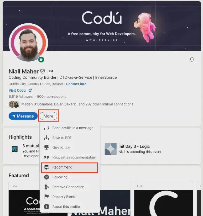 Recommendation button on Linkedin