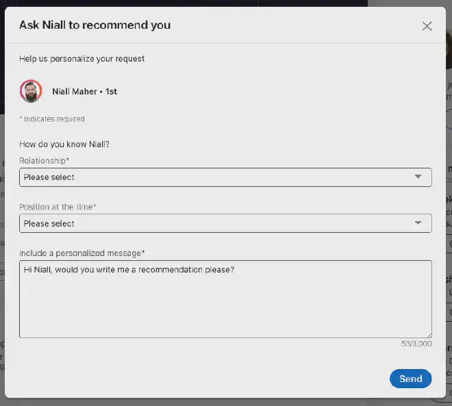 Request recommendation modal on Linkedin